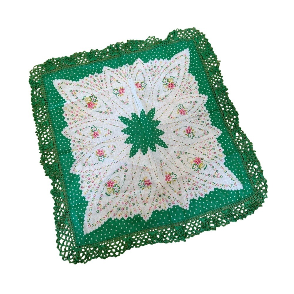Beautiful green floral crocheted edge hankie